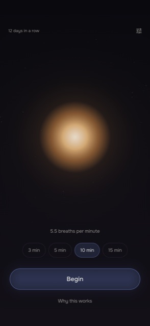 Resonance Breath home screen: a breathing sun and a 10 minute session at 5.5 breaths per minute