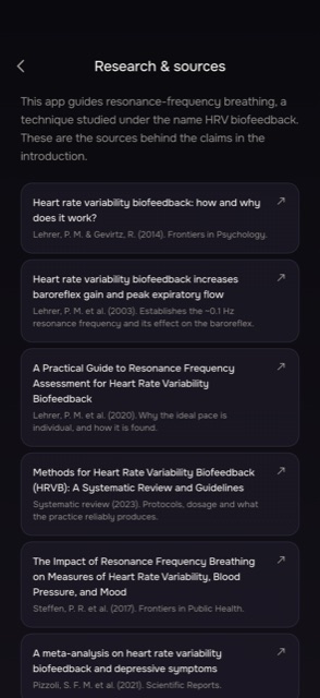 Research and sources screen listing the HRV biofeedback studies the app is built on