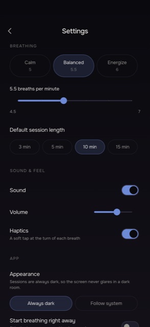 Settings screen: pace, session length, sound and appearance